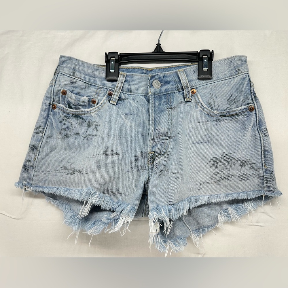 Levi’s 501 Womens Denim Shorts Size 25 Blue Palms & Boats Print Button Fly